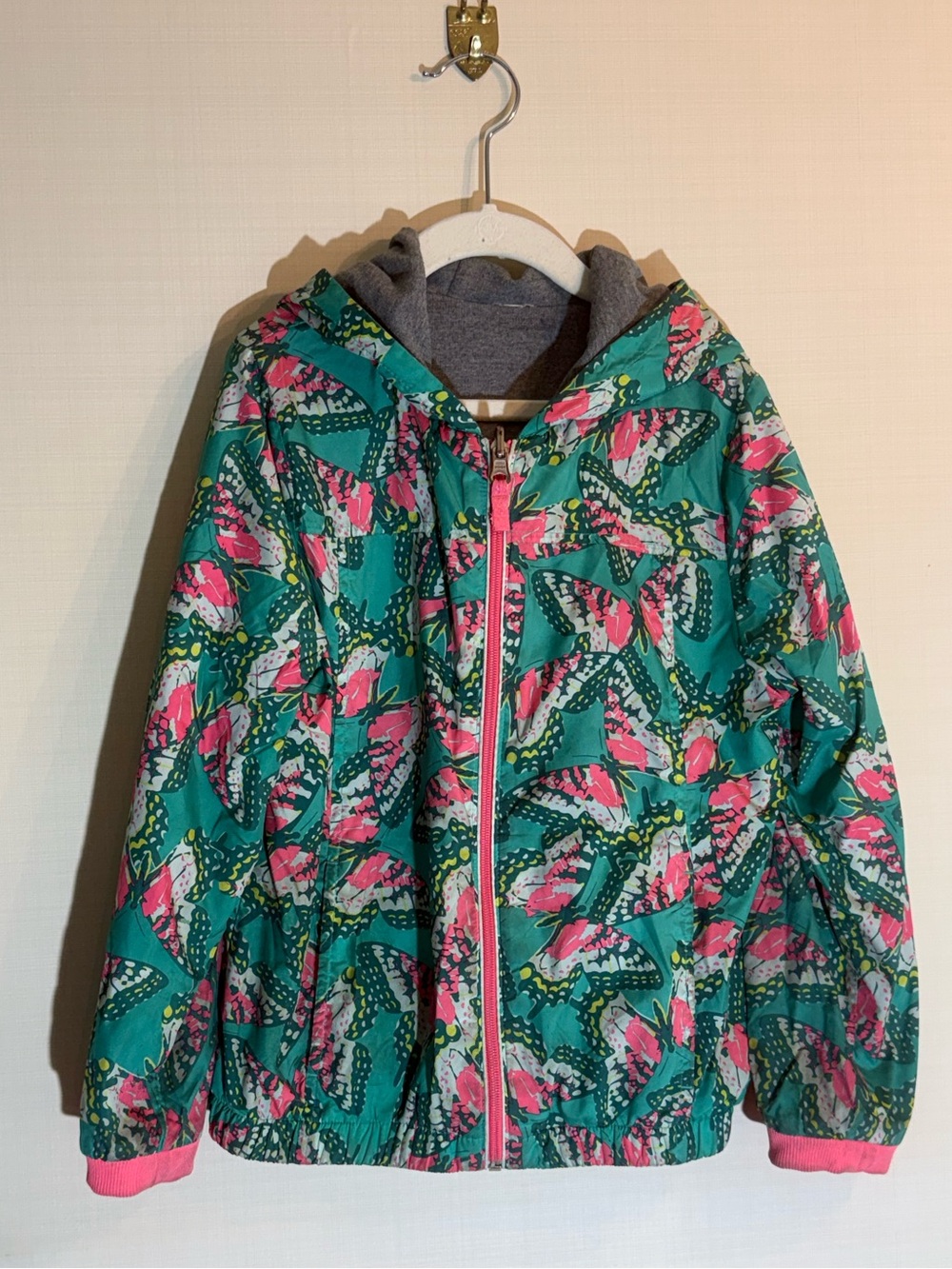 Kids Teal & Pink Butterfly Print Hooded Reversible raincoat Jacket